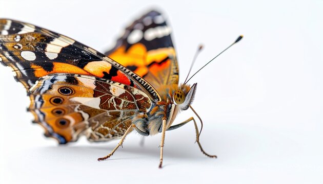 Macro photograph of a painted lady butterfly with intricate orange markings, pure white background.