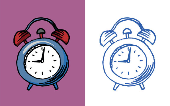 Alarm clock icon grawing. Hand drawn engraved doodle style.