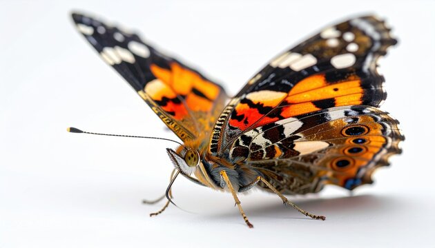 Macro photograph of a painted lady butterfly with intricate orange markings, pure white background.