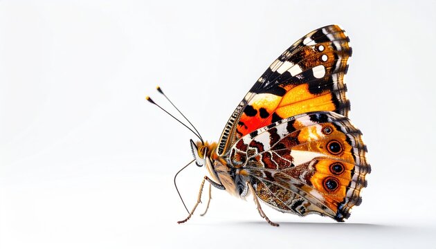 Macro photograph of a painted lady butterfly with intricate orange markings, pure white background.
