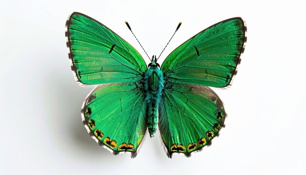 Macro photograph of a green hairstreak butterfly with emerald wing surfaces, white background.
