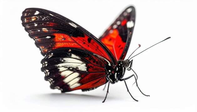 Macro photograph of a red lacewing butterfly with intricate dark patterns, isolated on white background.