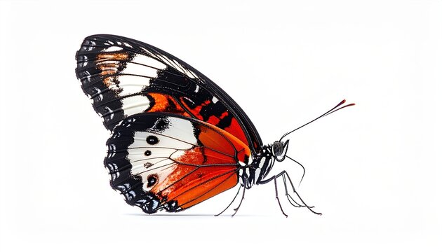 Macro photograph of a red lacewing butterfly with intricate dark patterns, isolated on white background.