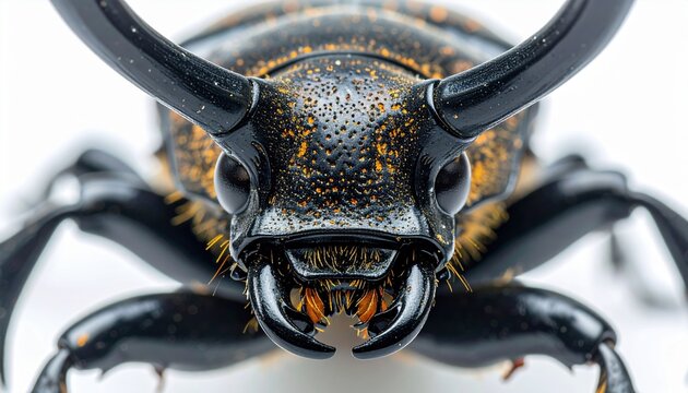 Macro photograph of a rhinoceros beetle viewed from the front, horn sharply detailed, white background.