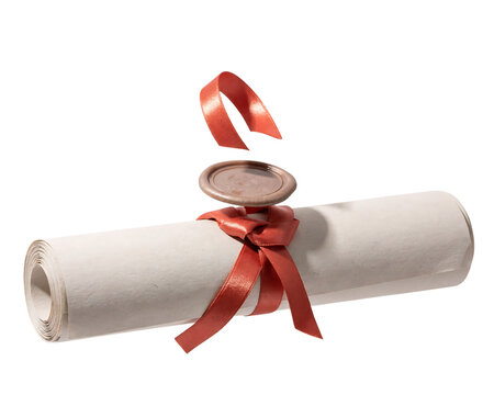 A rolled parchment scroll tied with a red ribbon and sealed with a round wax stamp, positioned horizontally against a dark background, isolated on a, transparent background