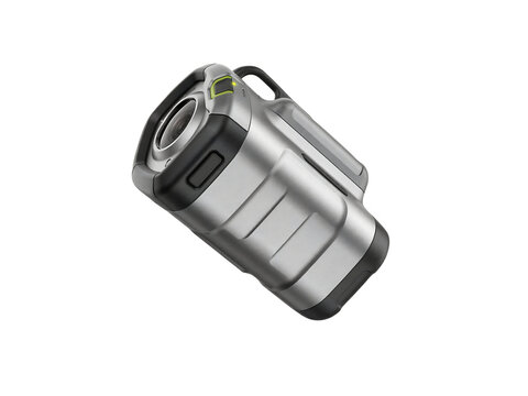 A silver and black portable electronic device with a cylindrical body, integrated handle, and a circular lens or sensor port on the front face isolated on a transparent background
