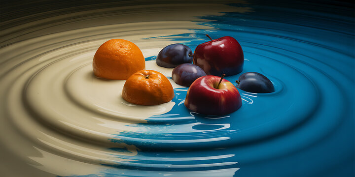 Artworks for Frames and Posters, 150 dpi Resolution, 2x1 Size, Oil Painting, Watercolor. Surreal fruit composition floating in glossy colorful concentric ripples. A decorative illustration designed 