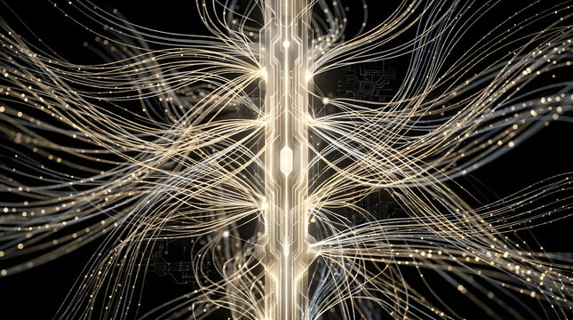 Glowing fiber optic data streams and central circuit core