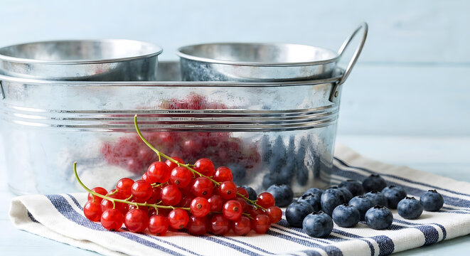 Fresh red currants and blueberries on kitchen towel