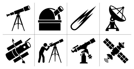 Astronomy icons set with telescopes, observatory, satellite and comet for science and space exploration © Harun