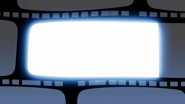 Glowing filmstrip frames scroll across a dark abstract graphic field. Cinema title design, film production graphics, and editing projects.