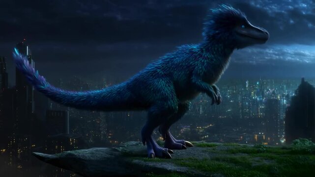 Feathered dinosaur walking along a mossy rocky ledge above a rain-soaked city at night. Science education, paleontology documentaries, and dinosaur entertainment.