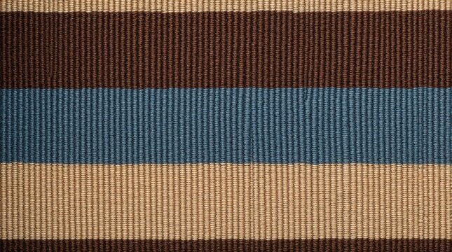 Close up macro view of woven tapestry fabric texture. Brown blue, beige transverse stripes create abstract pattern on textile material. Detailed surface shows ribbed design of craft cloth useful as