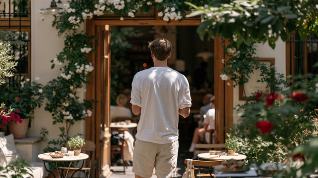 A tourist stumbling upon a hidden courtyard caf&eacute; while taking a wrong turn through an unfamiliar European city, pausing at the entrance with delighted curiosity, flowering vines,