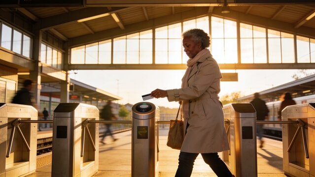 Woman in beige trench coat tapping transit card at fare gate reader on platform, AI-generated