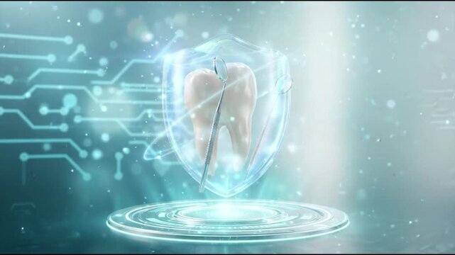 Dental protection concept with healthy white tooth inside glowing transparent shield, surrounded by dental instruments and futuristic holographic effects, representing enamel care and oral health.