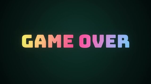Retro video game screen displays GAME OVER in colorful pixelated text with glitch effects