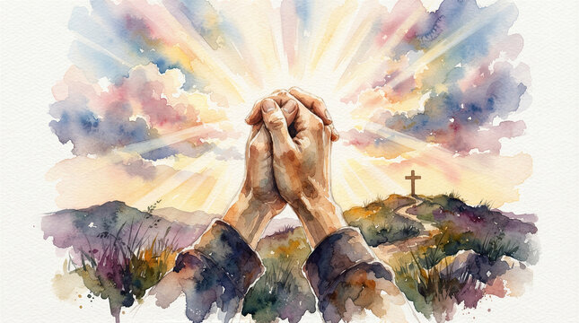 Praying hands clasped in reverent pose on sunrise hill with distant cross and watercolor sky religious spiritual scene illustration