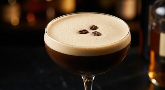 Espresso martini with creamy foam and three coffee beans