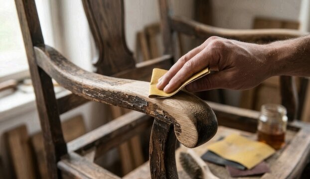 Manually sanding a curved wooden armrest of an antique chair