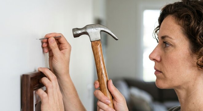 Person preparing to hit a nail with a hammer to hang a picture
