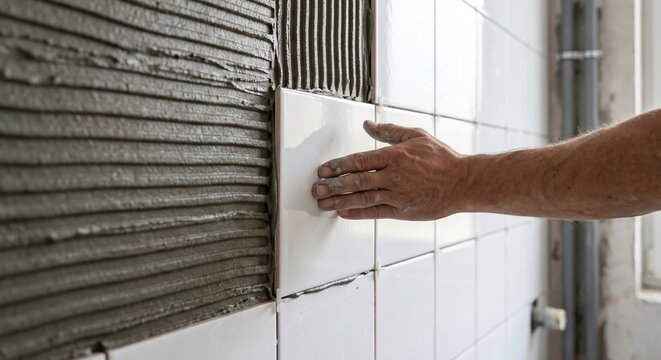 Tiler pressing a white ceramic tile into adhesive on a wall