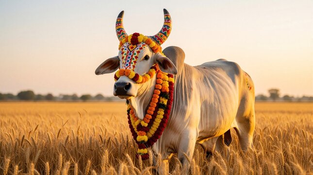 Decorated Indian bull stands in golden wheat field at sunset. Colorful paint, marigold flower garlands adorn sacred zebu cattle. Traditional rural animal celebrates festival harvest in agriculture