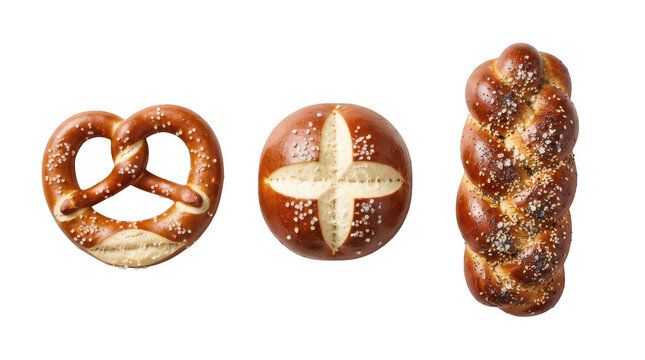 Assorted pretzel shapes including twisted, round, and braided varieties isolated on transparent background