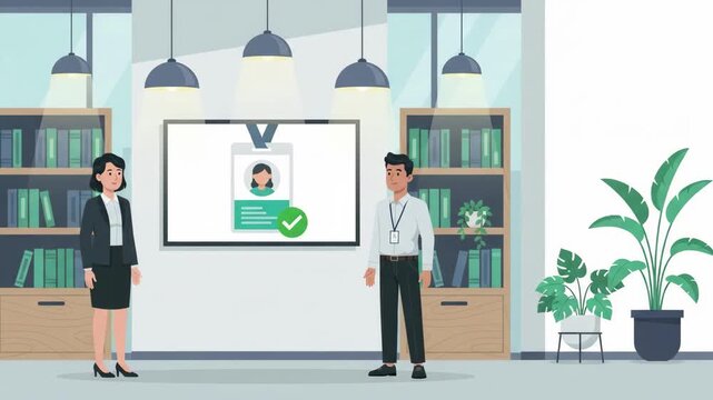 2D flat animation of a manager presenting a validated employee ID card on screen in a modern office