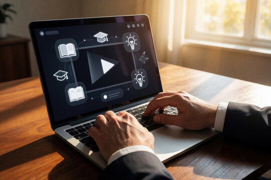 Businessman works on laptop using online e-learning platform. Man studies digital course with video lessons, educational icons on screen. Person develops pro skills via remote training, web education