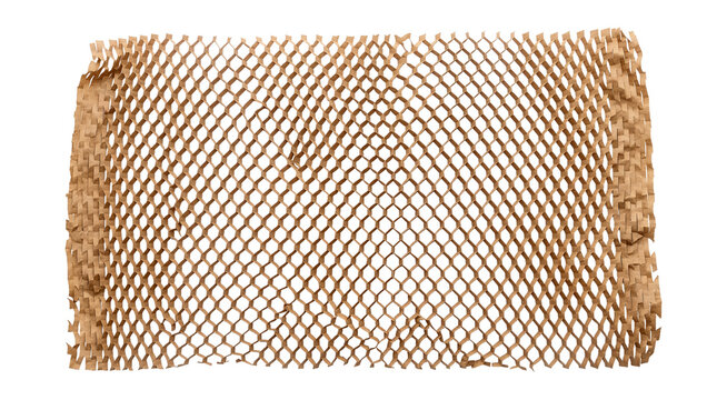 Expanded brown kraft honeycomb packing paper mesh with flexible hexagonal lattice texture isolated on transparent background for sustainable shipping and protective packaging design