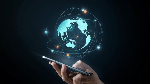 Hand holding smartphone displaying holographic global network connections