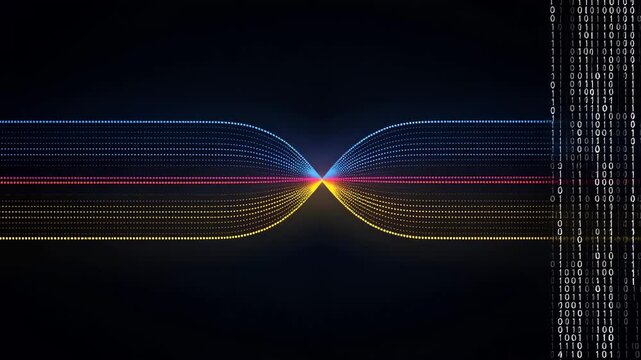 Digital binary data streams converging into central point on black background
