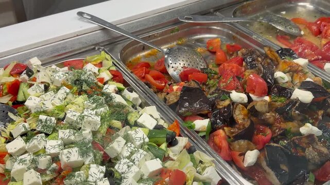 Assortment of cold buffet appetizers, greek salad with feta cheese, roasted eggplant with tomatoes and caprese salad inside metal catering trays. Self service canteen restaurant food counter close up.