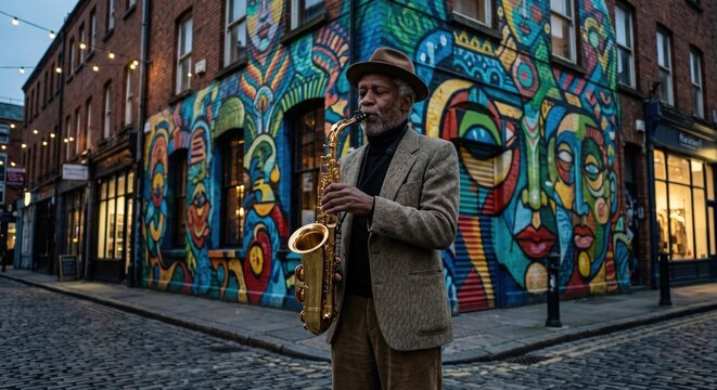 Musician playing saxophone in front of a colorful street mural