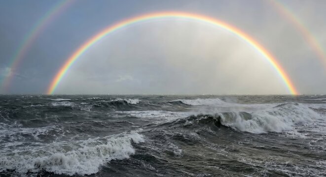 Breathtaking bright double rainbow arching over a stormy turbulent ocean