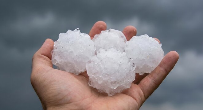 Massive jagged hail stones the size of baseballs in a person's hand