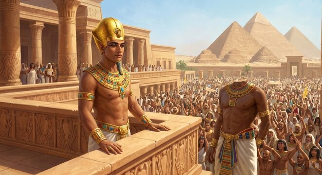 Majestic Egyptian pharaoh addressing a crowd from a palace balcony