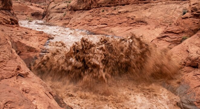 Violent wall of muddy water surging down a dry red rock desert canyon