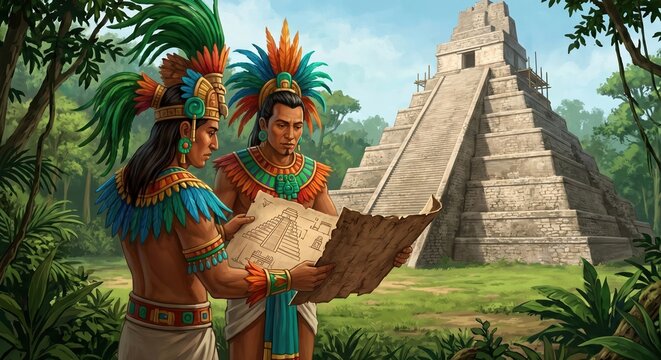 Maya architects examining drawings in front of a stepped pyramid
