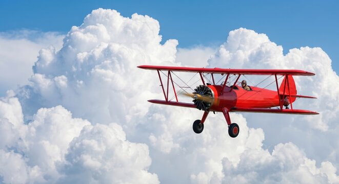 Bright red 1920s open-cockpit biplane flying gracefully through fluffy white clouds