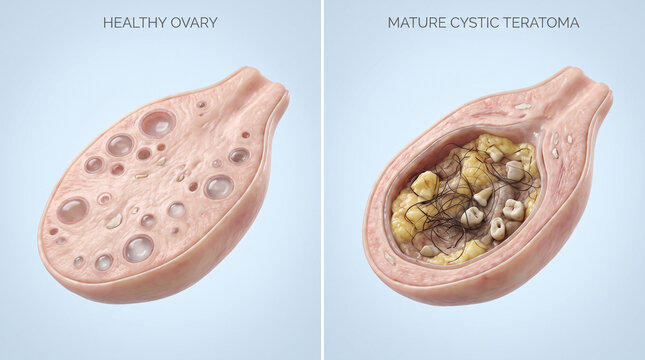 Mature Cystic Teratoma Dermoid Cyst vs Healthy Ovary Anatomy
