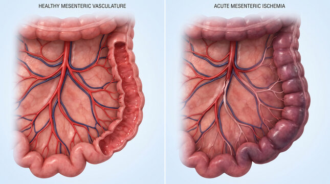 Acute Mesenteric Ischemia Bowel Infarction vs Healthy Colon Vasculature
