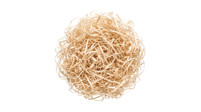 Natural wood wool excelsior packing filler made of curled beige shavings in a loose bundle isolated on transparent background for gift baskets and sustainable packaging