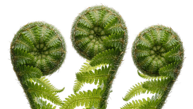 Three green fern fiddleheads unfurling with delicate fronds, isolated on transparent background