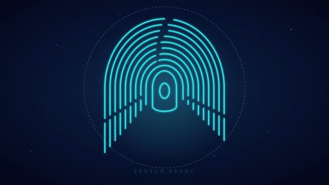 Biometric fingerprint scanner glowing cyan line graphic, digital security identity verification system, futuristic cyber security access concept