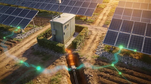 Animating overlay rising from panels, feeding pulsing orange flow into cabinet or trench at solar fa