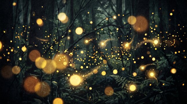 Magical fireflies glowing with warm golden light create a whimsical atmosphere in a dark forest, ideal for fantasy and nature projects