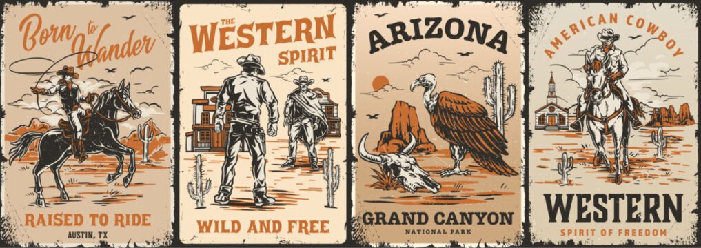 Vintage western posters with bold, rustic designs