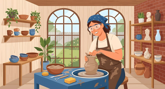 Potter shaping a clay vase in a cozy ceramic studio